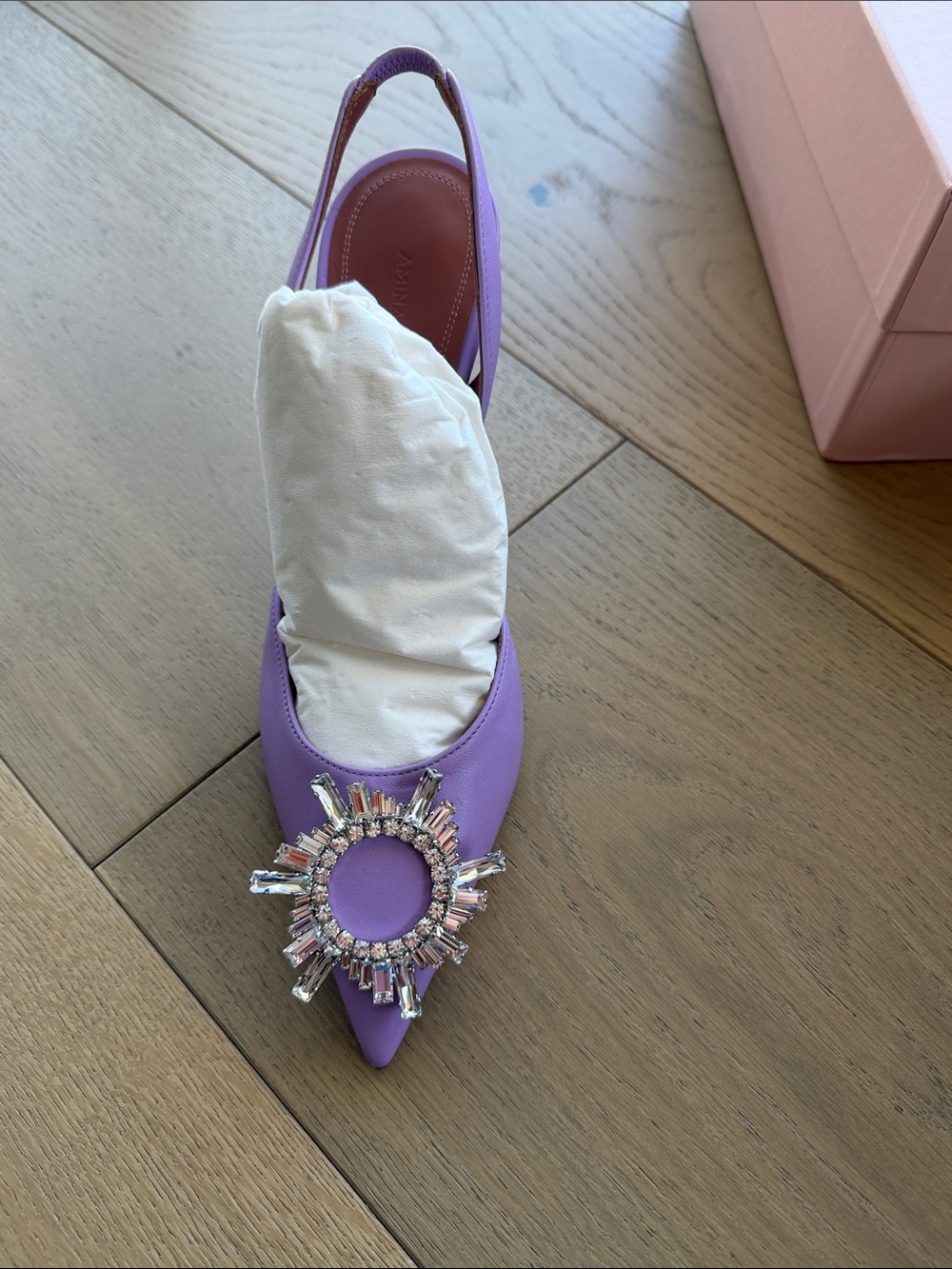 Amina Muaddi Lilac Pointed Slingback with Crystal Sunburst